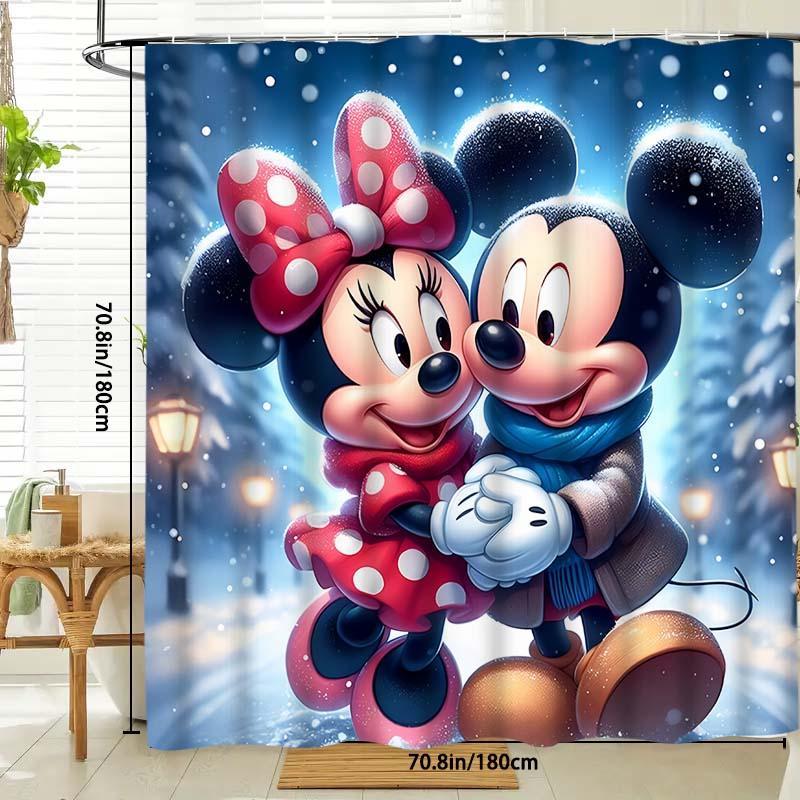 Cartoon Minnie & Mickey Pattern Shower Curtain, 1 Count Waterproof Bathroom Curtain with 12 Hooks, Bathroom Decor for Home Hotel Salon Dormitory