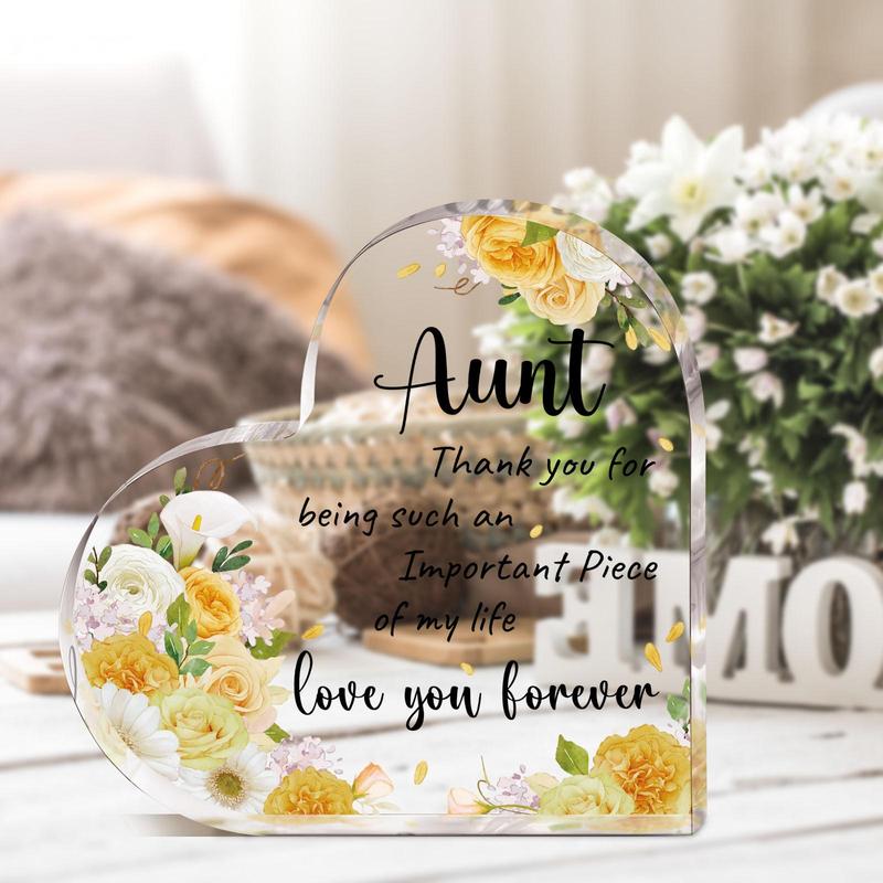 Thank for Aunt Acrylic Heart Shaped Ornament, 1 Count Flower Pattern & Letters Pattern Sign, Desktop Decoration for Home Office