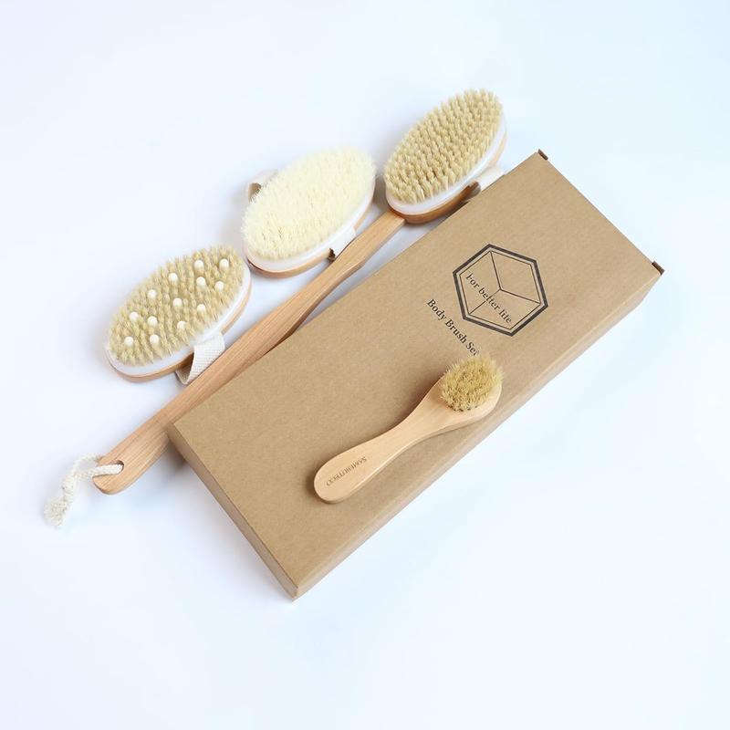 Dry Brushing Body Brush Set Wood Long Handle with 3 Detachable Heads, Face Brush,Body Scrubber Boar Bristle Exfoliator for Lymphatic Drainage and Cellulite,Back Scrubber for Shower