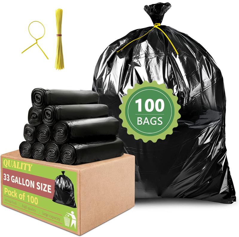 33 Gallon Trash Bags (100 Count), Garbage Bags 30-32 Gallon, High Density Bags with Tying Ropes