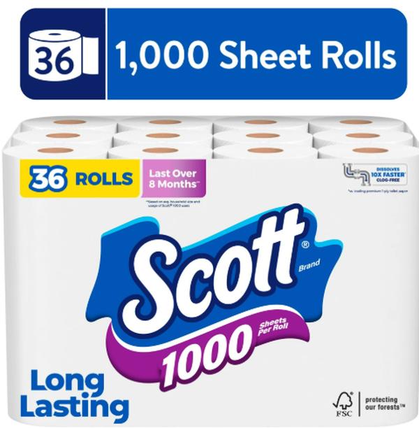 Scott 1000 Toilet Paper, 36 Rolls, 1,000 Sheets per Roll