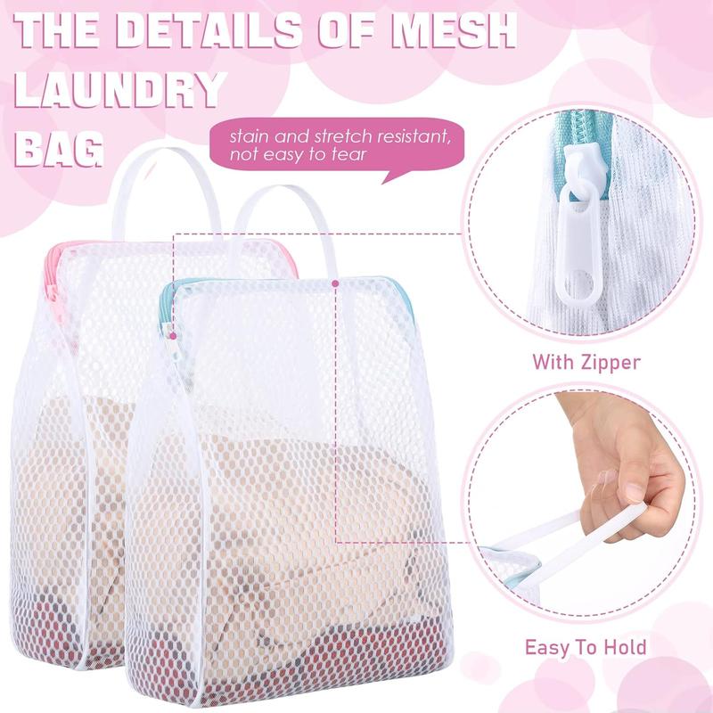 Mesh Laundry Bags with Handle 12 x 8 Inch Socks Bag for Washing Machine Delicate Laundry Bag for Washing Lingerie Wash Bag for Items Lingerie Travel Garment, Pink and Blue(2 Pcs)