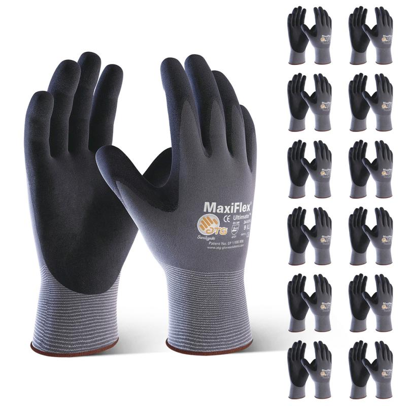 12 Pairs MaxiFlex 34-874 Grey Black Nylon Full Fingered General Purpose Gloves - Nitrile Nitrile Foam Palm & Fingers Coating - Seamless Knit (Pack of 12)