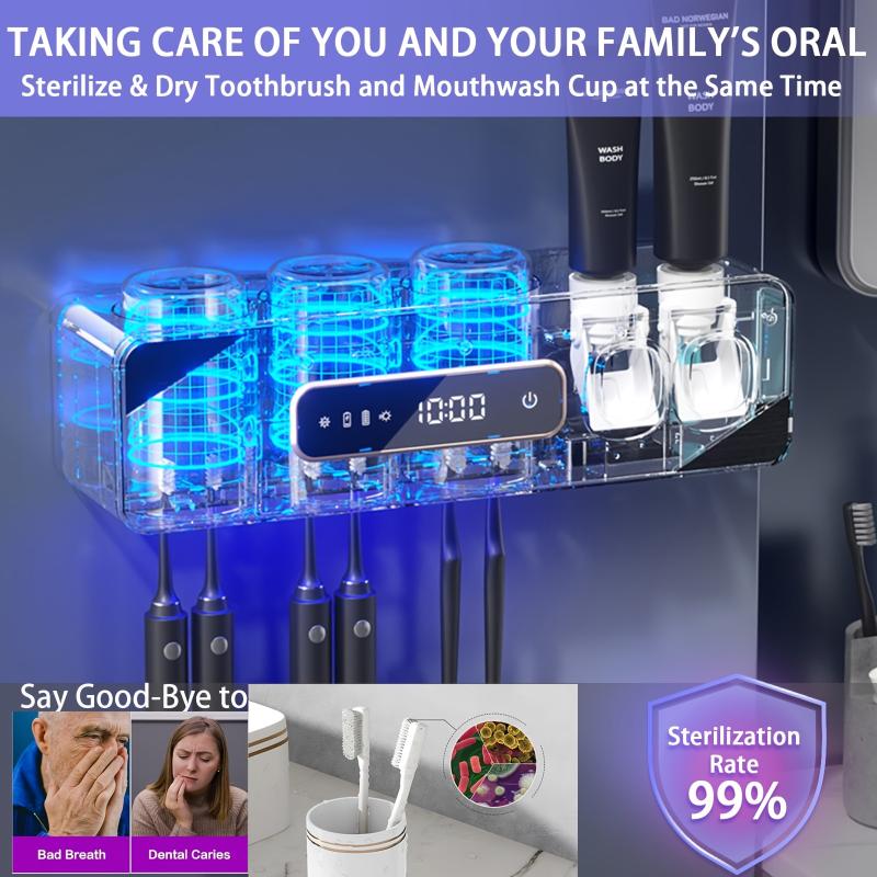 Smart Toothbrush Holder with 3 Cups, Wall-Mounted, 6 Slots, Toothpaste Dispenser, Automatic Drying and Cleaning