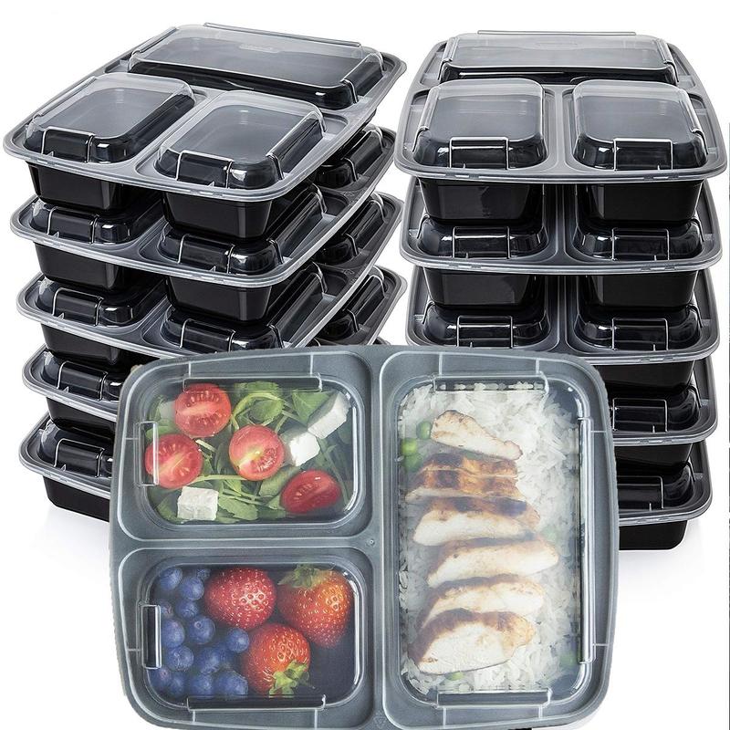 33oz Food Prep Containers [Set of 8] 3 Compartments with Lids, Food Storage Containers, Bento Boxes Lightweight, Durable, Reusable BPA Free 3 Grid Container Disposable Lunch Box - Microwave, Freezer, Dishwasher Safe - Black