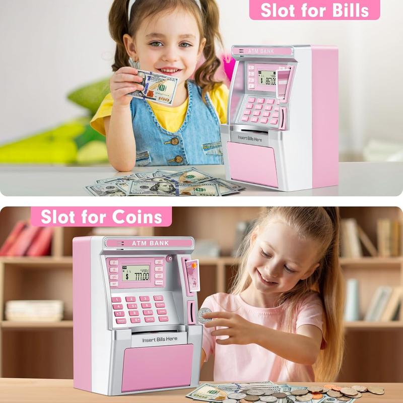 Pink Piggy Bank for Kids, ATM Machine Bank for Real Money with Debit Card, Bill Feeder, Coin Recognition, Balance Calculator, Electronic Savings Safe Box, Cool Stuff Toys Gifts for Teen Girl