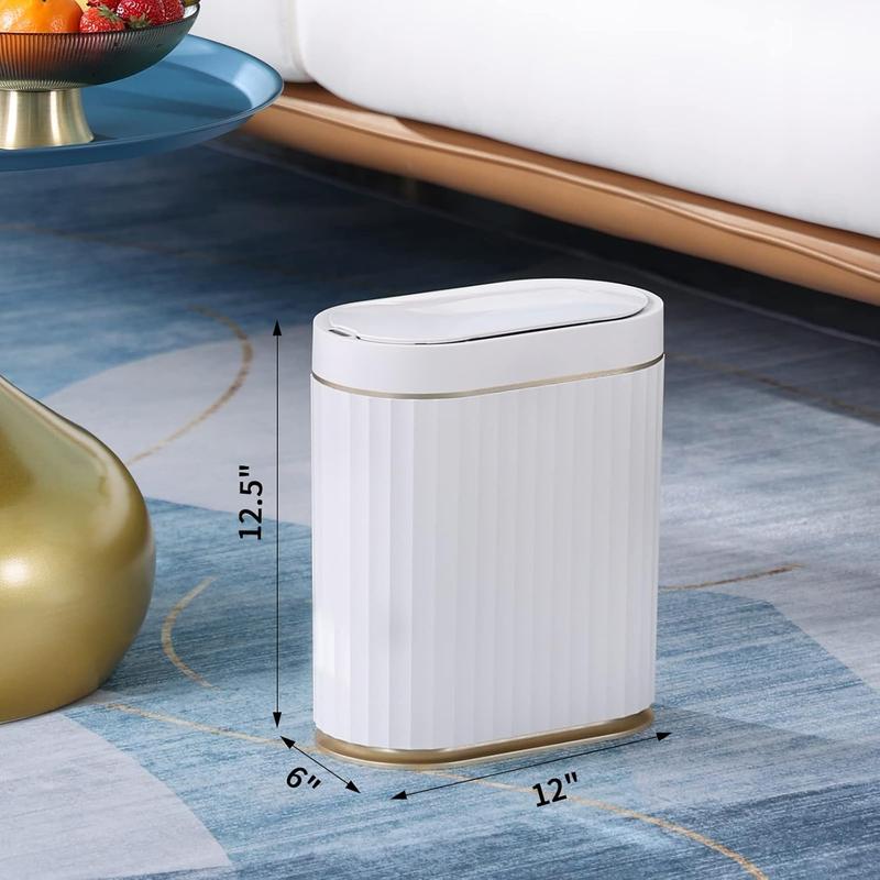 Automatic Motion Sensor Trash Can - 2 Gallon Slimline for Bathroom, Bedroom, Kitchen, Office - White with Gold Trim