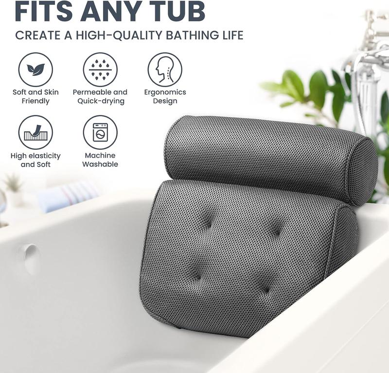 Bath Pillow Bathtub Pillow with 6 Non-Slip Suction Cups,14.6x12.6 Inch, Extra Thick and Soft Air Mesh Pillow for Bath - Fits All Bathtub, Grey