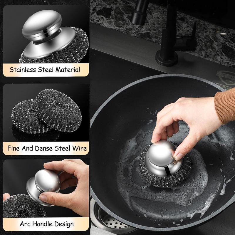 Stainless Steel Dish Scrubber, 1 Count Household Plates Pots Pans Cleaning Products, Comfortable Round Dishwashing Sponge, Kitchen Tools