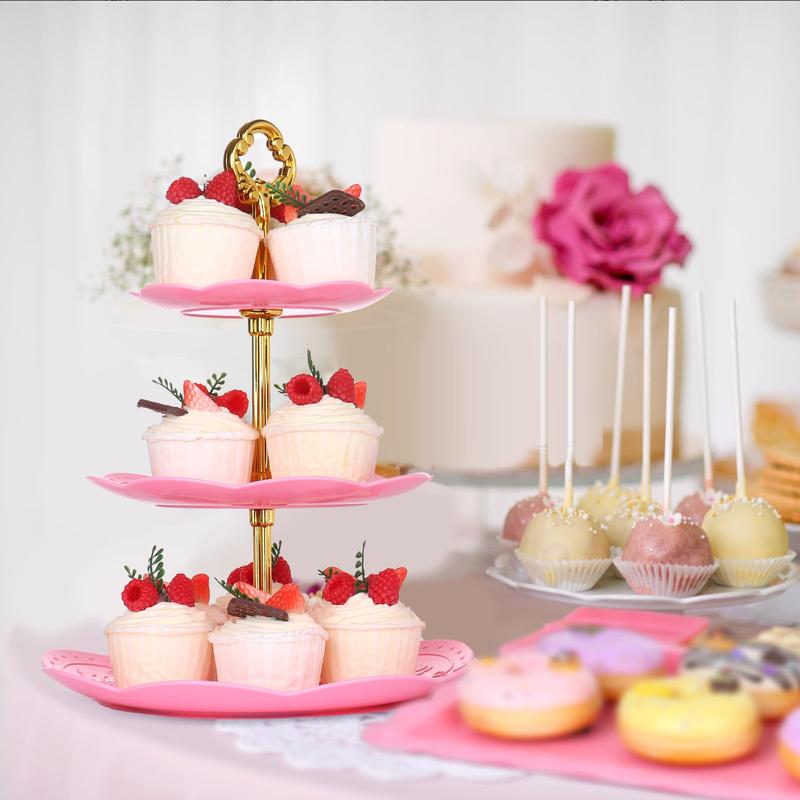 10 Pcs Dessert Table Display Set Cupcake Stand Pink Plastic Dessert Table Set 4 3 Tire Cake Display Stands with Gold Rod Cookie Tray Rack Serving Tower and 6 Trays for Wedding Baby Shower Tea Party Fruit