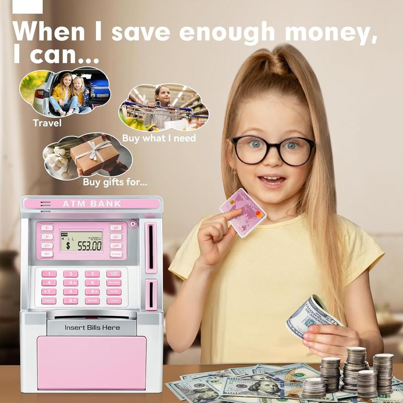 Pink Piggy Bank for Kids, ATM Machine Bank for Real Money with Debit Card, Bill Feeder, Coin Recognition, Balance Calculator, Electronic Savings Safe Box, Cool Stuff Toys Gifts for Teen Girl