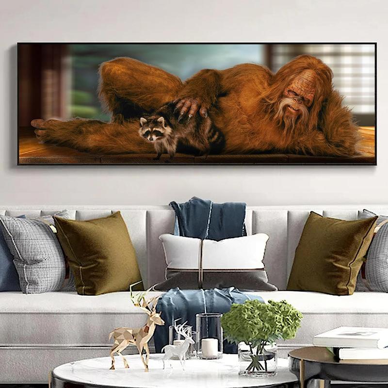 Sasquatch & Raccoon Pattern Canvas Poster without Frame, 1 Count Fashion Wall Art, Wall Decor for Home Living Room Bedroom Office