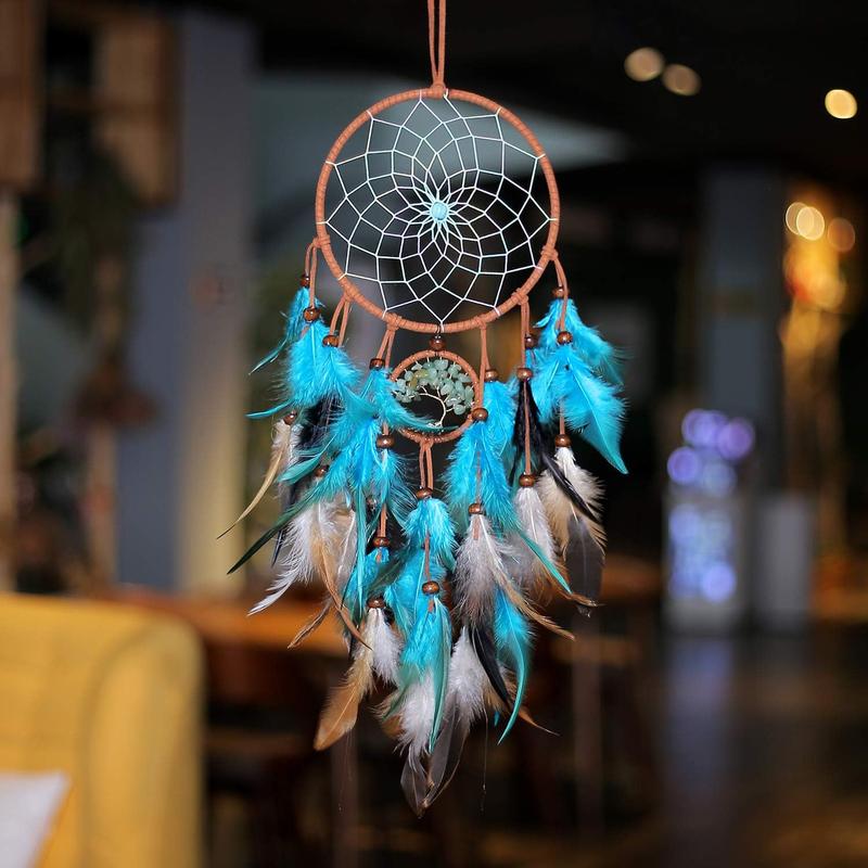 Dream Catchers with Tree of Life and Teal Feather Indian Handmade Dreamcatchers for Boho Wall Hanging Decoration, Ornament Festival Gift (Green Tree of Life)