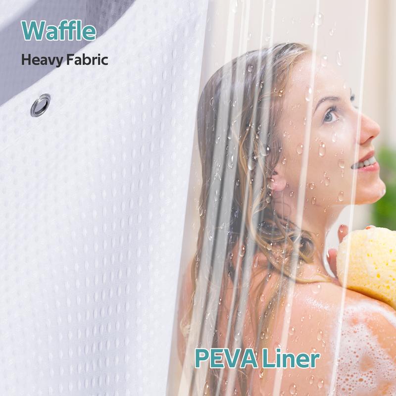 VIPfree Luxury 3 in 1 Waffle Shower Curtain and Liner Set with Double Sided Hooks - 258GSM Weighted Shower Cloth Set for Bathroom 72x72 White