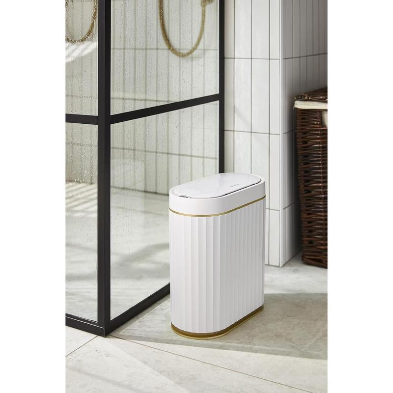 Automatic Motion Sensor Trash Can - 2 Gallon Slimline for Bathroom, Bedroom, Kitchen, Office - White with Gold Trim