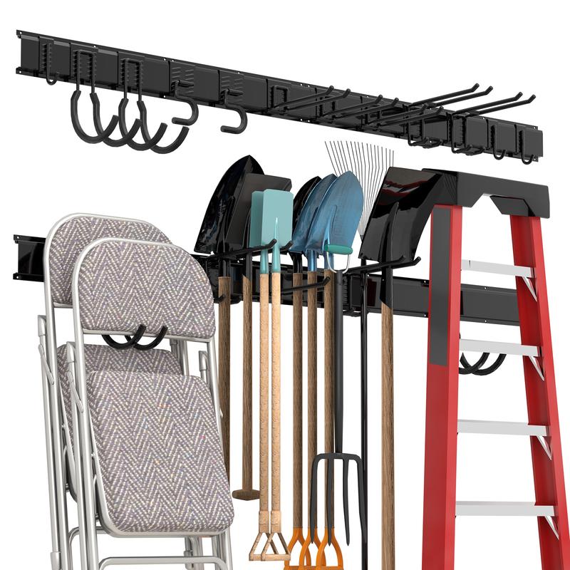 Sttoraboks Heavy Duty Garage Storage Organizer Rack System, Wall Mounted Tool Rack with 12 Double Hooks, 4 Rails, and Hangable Steel Garden Tool Rack