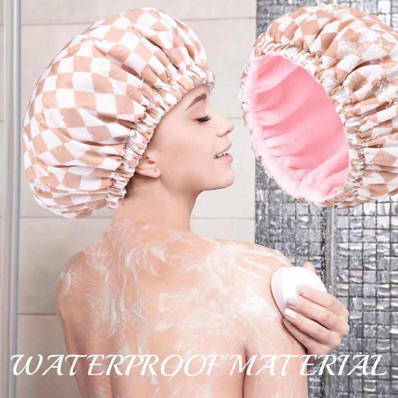 Shower Cap for Women Terry Lined Bath Cap Large Reusable Waterproof Elastic Pink Checkered Band Shower Caps for Long Thick Hair Soft Bath Shower Hair Caps