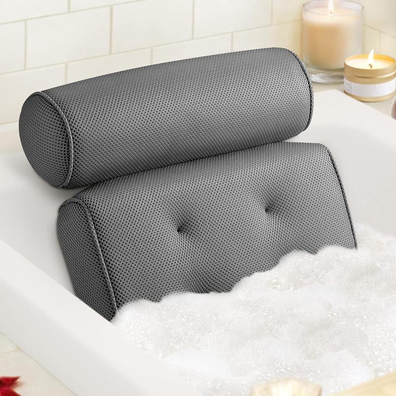 Bath Pillow Bathtub Pillow with 6 Non-Slip Suction Cups,14.6x12.6 Inch, Extra Thick and Soft Air Mesh Pillow for Bath - Fits All Bathtub, Grey