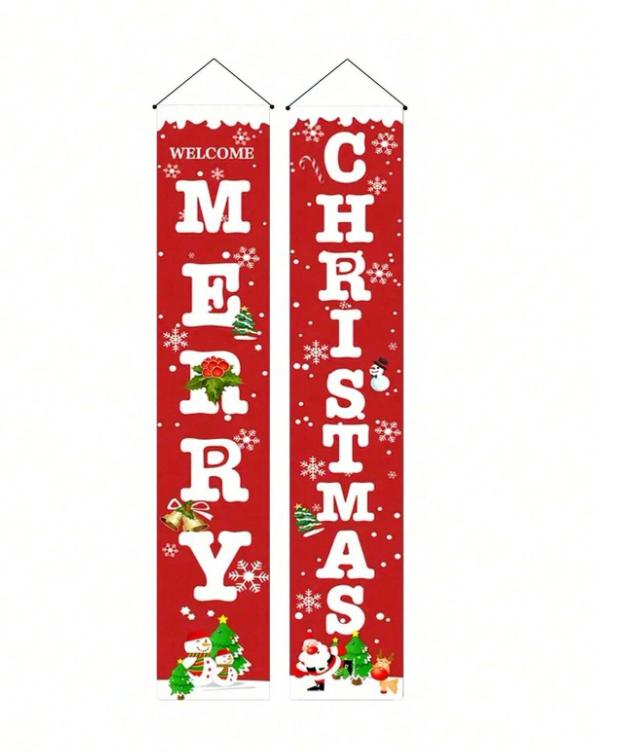 Christmas Pennant Banner, Polyester Fabric Cute Snowman & Santa Couplet, Christmas Theme Party Decor, Outdoor Garden Porch Welcome Sign, Indoor Wall Hanging Decoration,Christmas