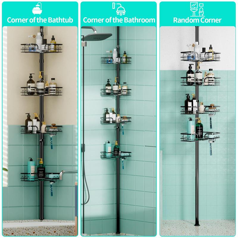 HapiRm Corner Shower Caddy Organizer: Rustproof, Waterproof with Soap Holder, Extendable Shower Shelf Tension Pole (104.3 to 113.8 Inch) Racks