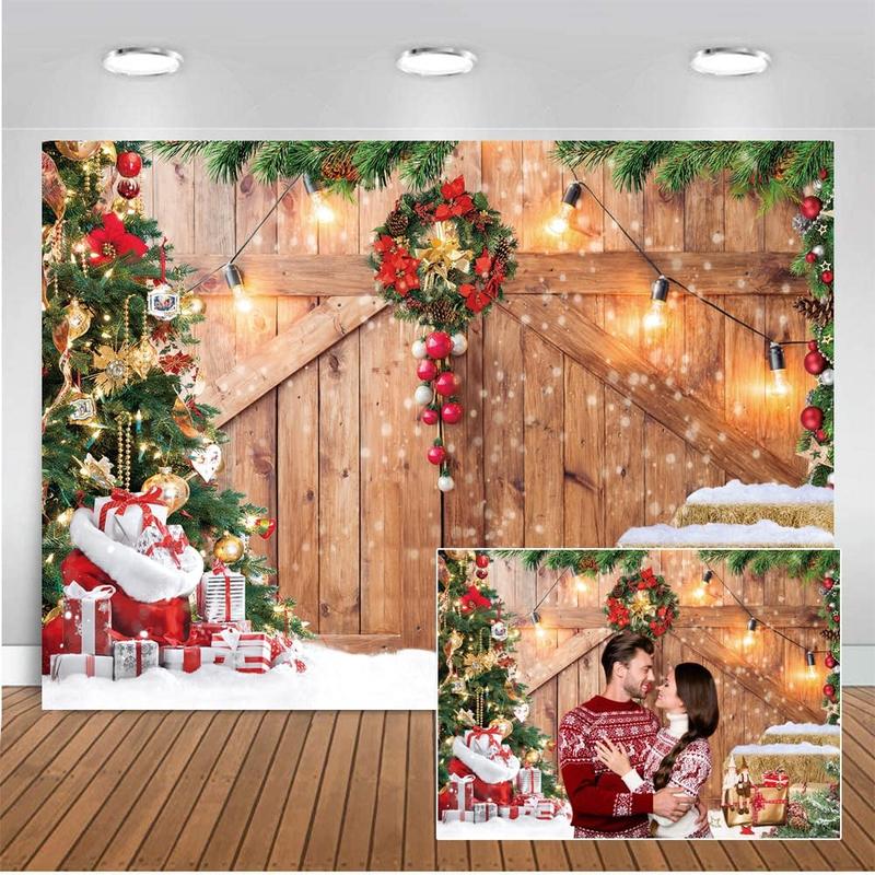 10x8ft Christmas Backdrop Christmas Barn Door Photography Backdrop Xmas Tree Snow Wall Background Xmas Party Supplies Family  Party Banner Decorations Backdrops CY177