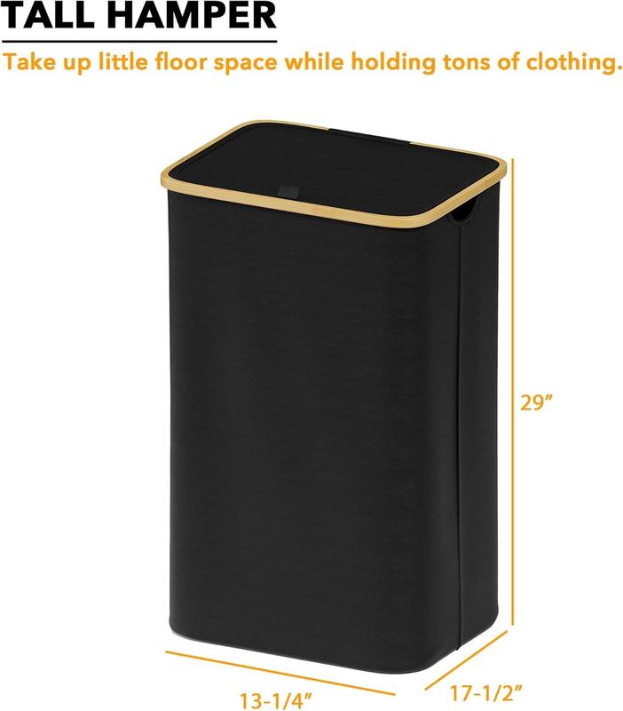 Laundry Hamper with Lid, 110L Large Tall Clothes Basket Bin with Bamboo Handles, Collapsible Laundry Hamper for Bedroom, Bathroom, Dorm, Laundry Room - Black Organiser