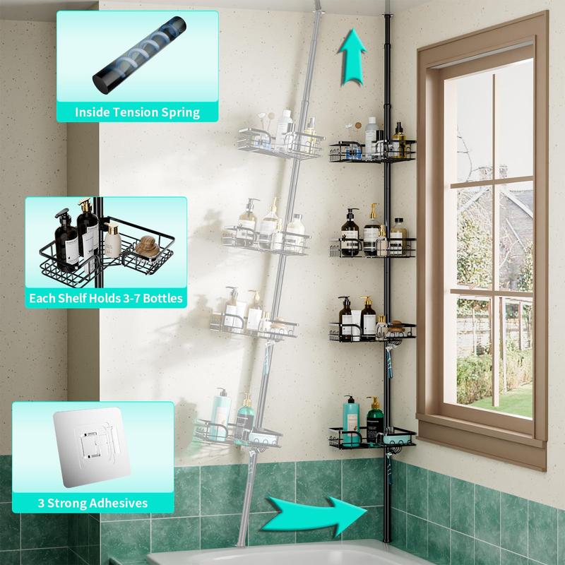 HapiRm Corner Shower Caddy Organizer: Rustproof, Waterproof with Soap Holder, Extendable Shower Shelf Tension Pole (104.3 to 113.8 Inch) Racks