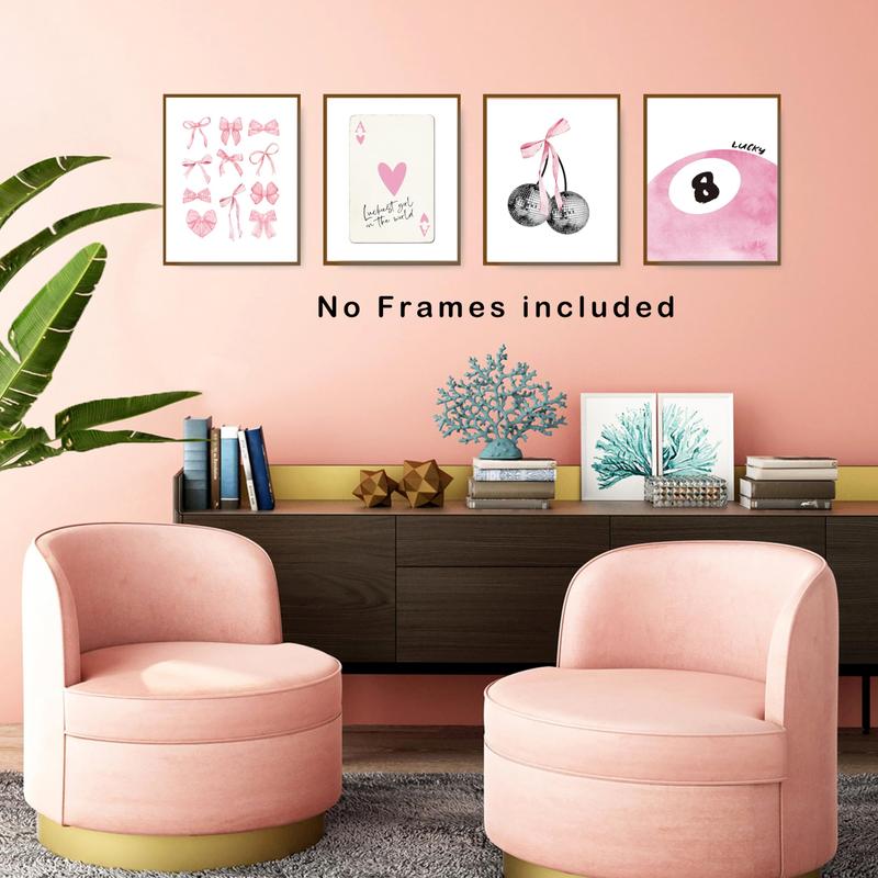 Coquette Trendy Preppy Wall Art Prints Set of 4, Coquette Room Decor, Preppy Room Decor Aesthetic, Pink Bow Disco 8 Ball Cherry Wall Decor Posters for Girls Bedroom Dorm, 8x10 Unframed