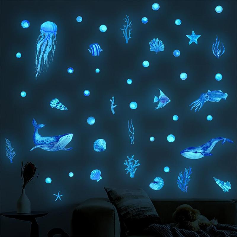 Sea Life Pattern Glow in the Dark Wall Sticker, 2 Counts set Creative Modern Wall Sticker, Room Decor, Wall Decal for Home Decor, Household Essentials