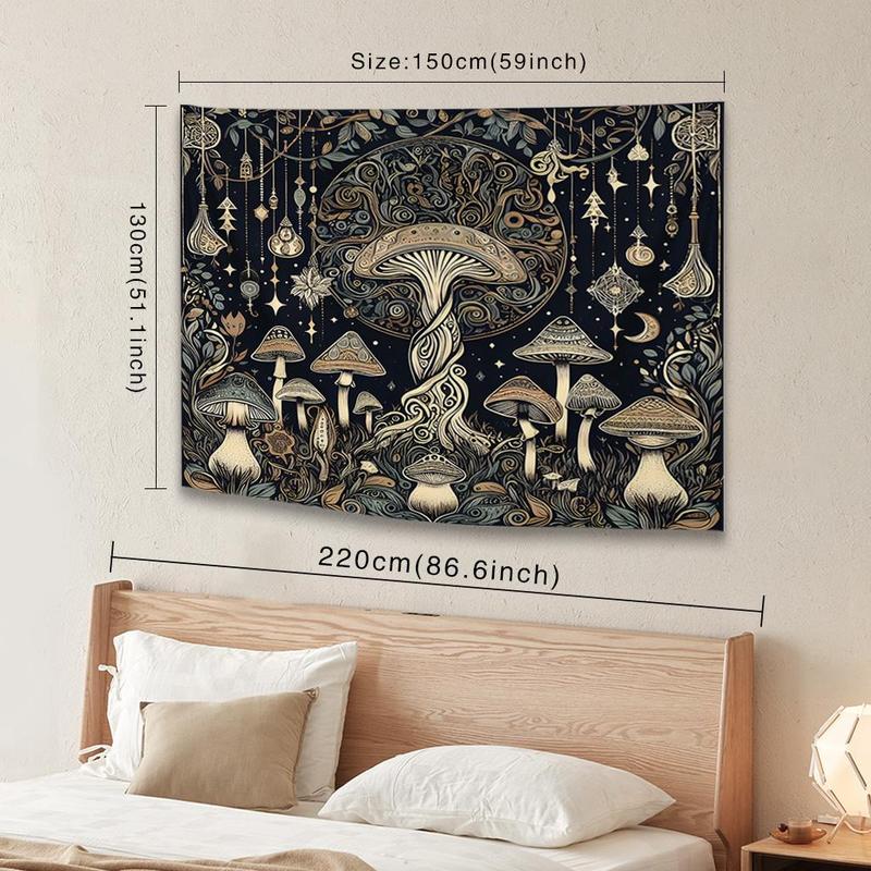 Mushroom Print Tapestry, 1 Count Vintage Wall Hanging Tapestry with Installation Accessories, Wall Art Decor for Home Living Room Bedroom