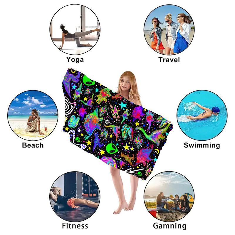 Cartoon Dinosaur & Starry Sky Pattern Beach Towel, Beach Blanket, Mat, Super Absorbent Soft Swimming Pool Travel Bath Towel, Reusable Camping Hiking Towel, Gifts