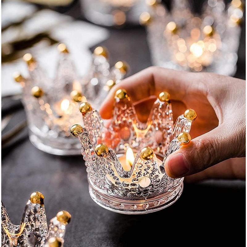 Votive Candle Holders Set of 6 Crown Glass Tealight Candle Holder for Wedding, Party and Home Decor (Gold Tips)