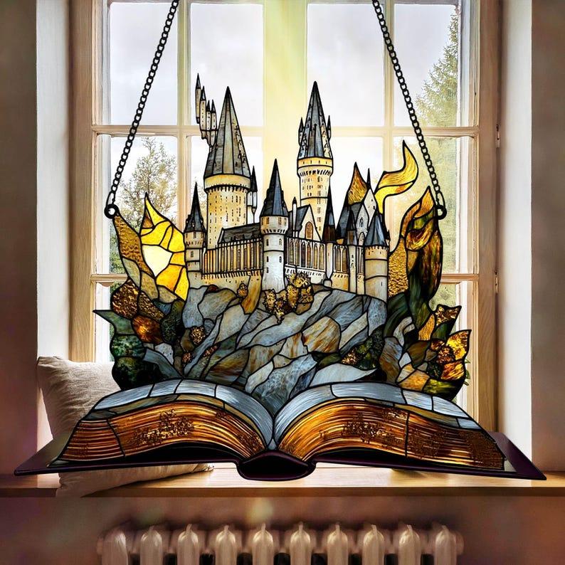 Express Train and Castle Suncatcher, Magical Castle Window Hanging, Bookish Decor for Wizard School Fans, Christmas Home Decoration, Housewarming Gift