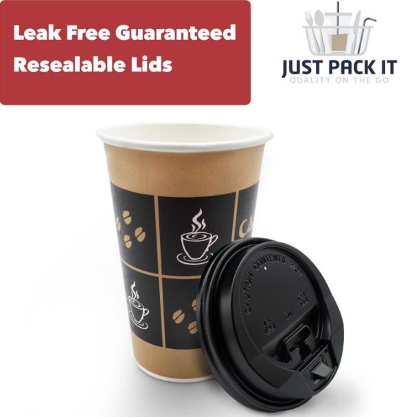 [16 oz - 100 Sets with Lids] Paper Disposable Hot Coffee Cups with Resealable Lids Leak-Free To Go