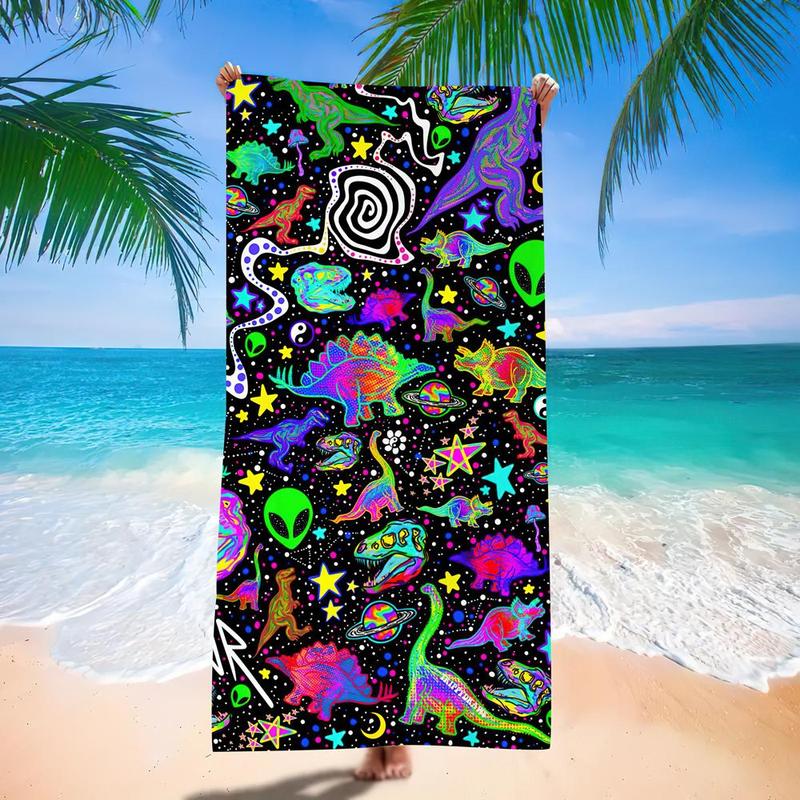 Cartoon Dinosaur & Starry Sky Pattern Beach Towel, Beach Blanket, Mat, Super Absorbent Soft Swimming Pool Travel Bath Towel, Reusable Camping Hiking Towel, Gifts