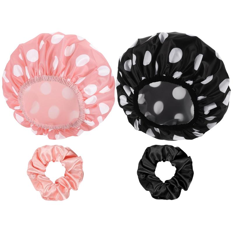 2 Packs Large Shower Caps for Women, Waterproof Shower Cap Double Layers Bath Caps with Hair Scrunchies for Long Thick Hair