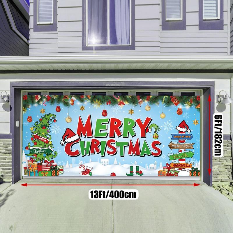 Large 12.6 X 6ft Christmas Garage Door Cover, Christmas garage door mural, Garage Door Christmas Banner for Whoville Christmas Decorations, Merry Christmas Garage Door Banner