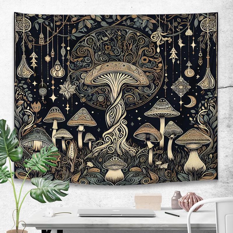 Mushroom Print Tapestry, 1 Count Vintage Wall Hanging Tapestry with Installation Accessories, Wall Art Decor for Home Living Room Bedroom