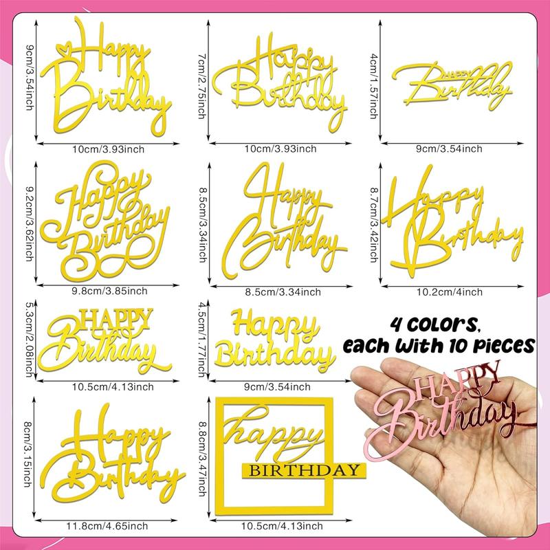 40  Happy Birthday Cake Toppers Mirror  Cake Topper Side Cake Decorations Cake Inserts Cake Decorating Supplies Cupcake Toppers for Birthday Party Cake Desserts Pastries 10 Styles 4 Colors