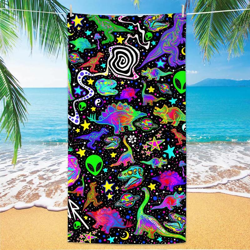 Cartoon Dinosaur & Starry Sky Pattern Beach Towel, Beach Blanket, Mat, Super Absorbent Soft Swimming Pool Travel Bath Towel, Reusable Camping Hiking Towel, Gifts