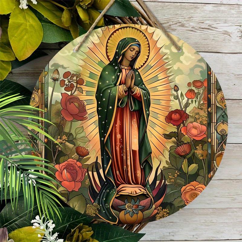 Vintage Virgin Mary & Flower Pattern Hanging Sign, 1 Count Round Wooden Hanging Decoration, Wall Art Decoration for Home Garden Courtyard Party