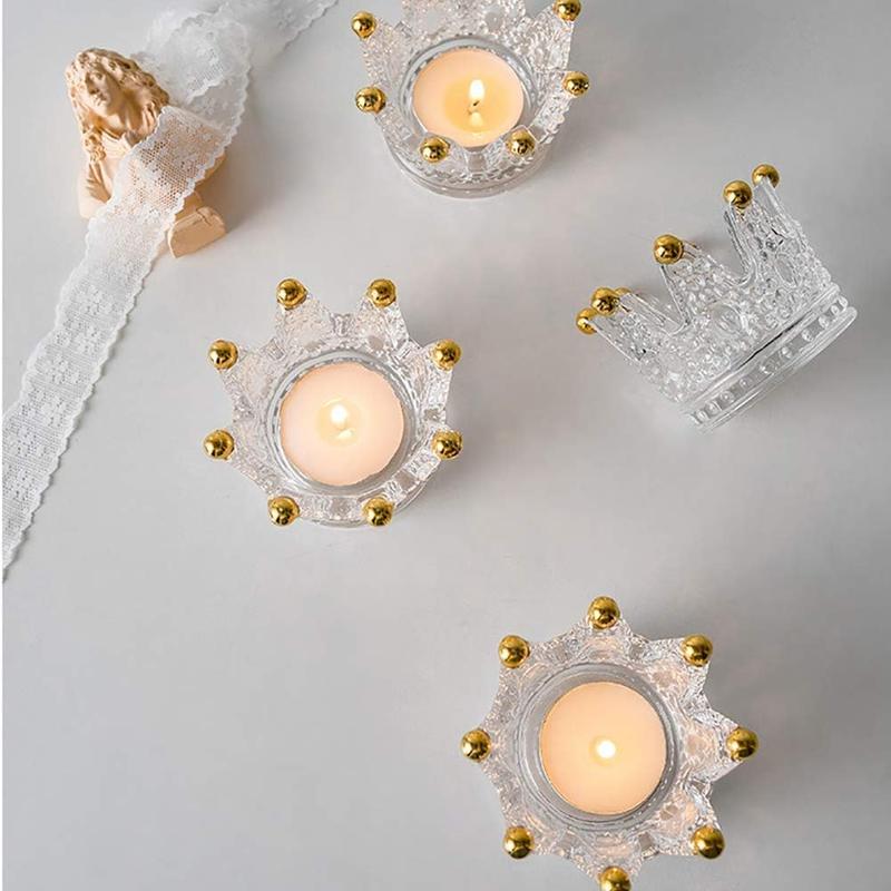 Votive Candle Holders Set of 6 Crown Glass Tealight Candle Holder for Wedding, Party and Home Decor (Gold Tips)