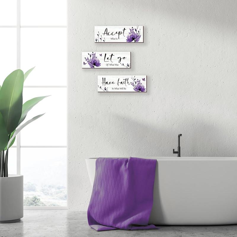 3 Pcs Purple Bathroom Decor Rustic Flower Wall Art Accept Let Go Have Faith Farmhouse Bedroom Wall Decor Wooden Inspirational Quotes Decorations for Living Room Bathroom Bedroom(Purple, 12 x 4 Inches)