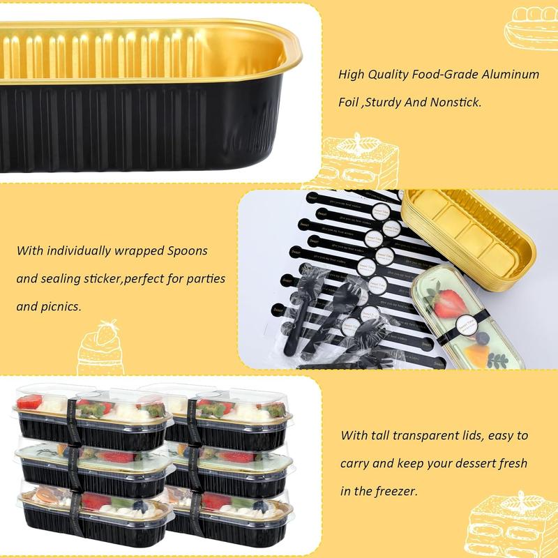 Mini Loaf Pans with Lids and Spoons, 50 Pack, Black, 6.8oz, Disposable Rectangular Aluminum Foil Baking Pans