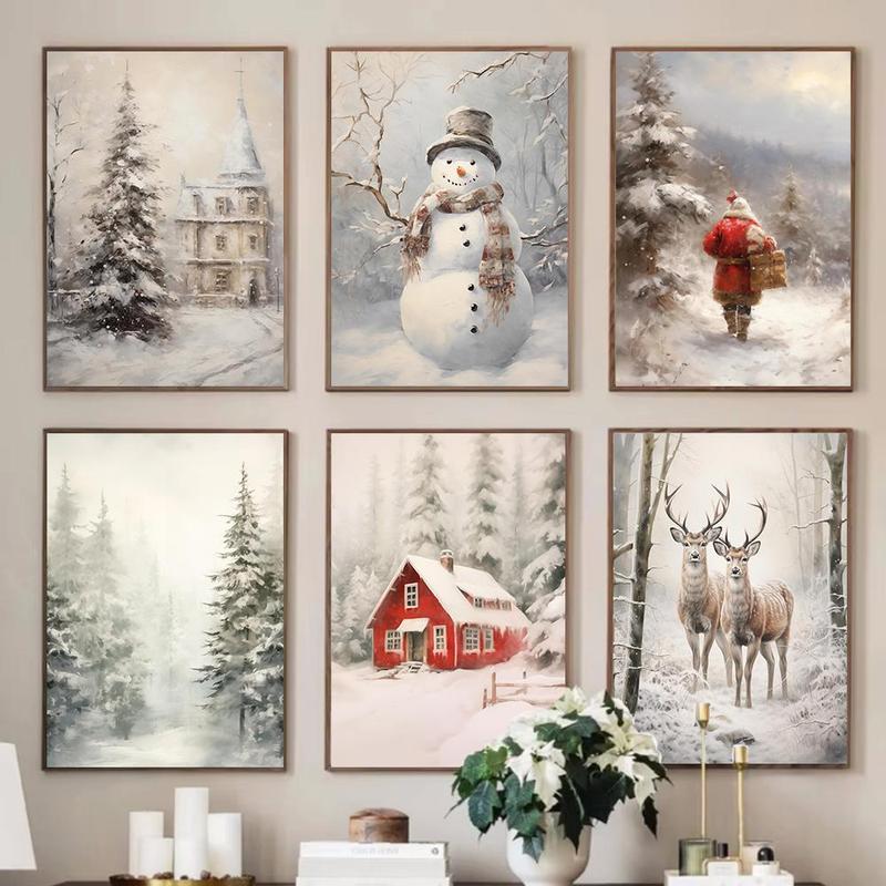 Winter Scenery Pattern Unframed Painting, 6 Counts set Modern Canvas Wall Art, Wall Decor for Home Living Room Bedroom Office