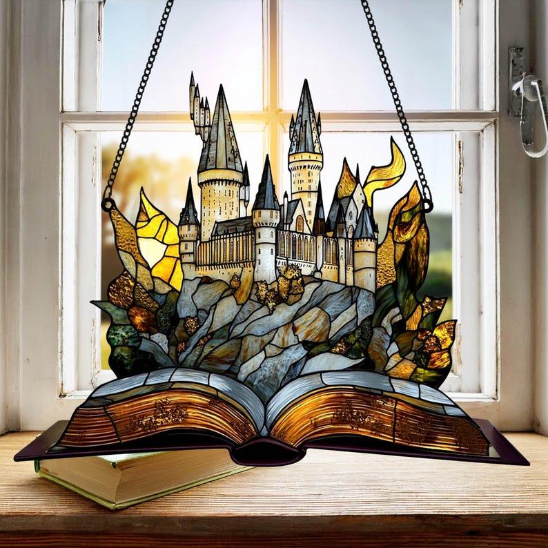 Express Train and Castle Suncatcher, Magical Castle Window Hanging, Bookish Decor for Wizard School Fans, Christmas Home Decoration, Housewarming Gift