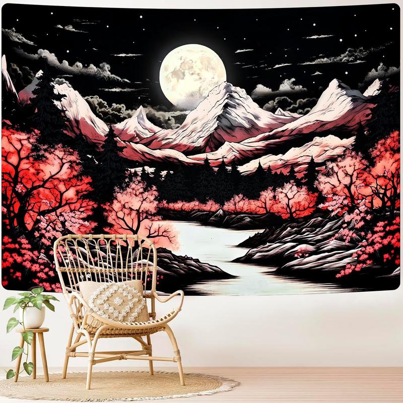 Mountain Forest Tapestry  Anime Tapestries Fantasy Tree Tapestry Nature Landscape Tapestry Aesthetic Moon Stars Tapestry Wall Hanging for Bedroom(51.2 x 59.1 inches)