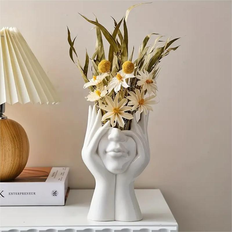 Creative Holding Face Girl Vase, Ceramic Flower Vase, Modern Vase for Home Decor, Desktop Centerpiece for Living Room, Bedroom, Fireplace