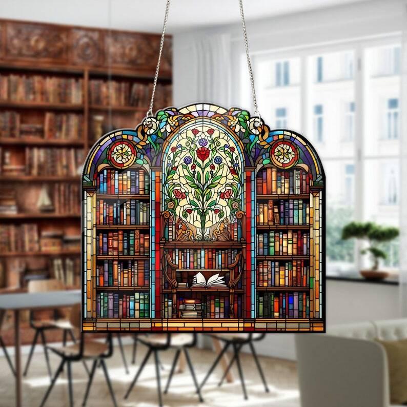 ACRYLIC Library Window Hanging, Book Lover Gift, Bookish Home Decor, Gift For Book Lover, Librarian Gift, Wall Hanging, NOT glass