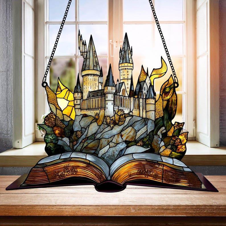 Express Train and Castle Suncatcher, Magical Castle Window Hanging, Bookish Decor for Wizard School Fans, Christmas Home Decoration, Housewarming Gift